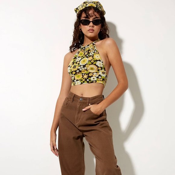 Motel Rocks Jica Crop Top in Retro Floral - Halter Top - Picture 3 of 5